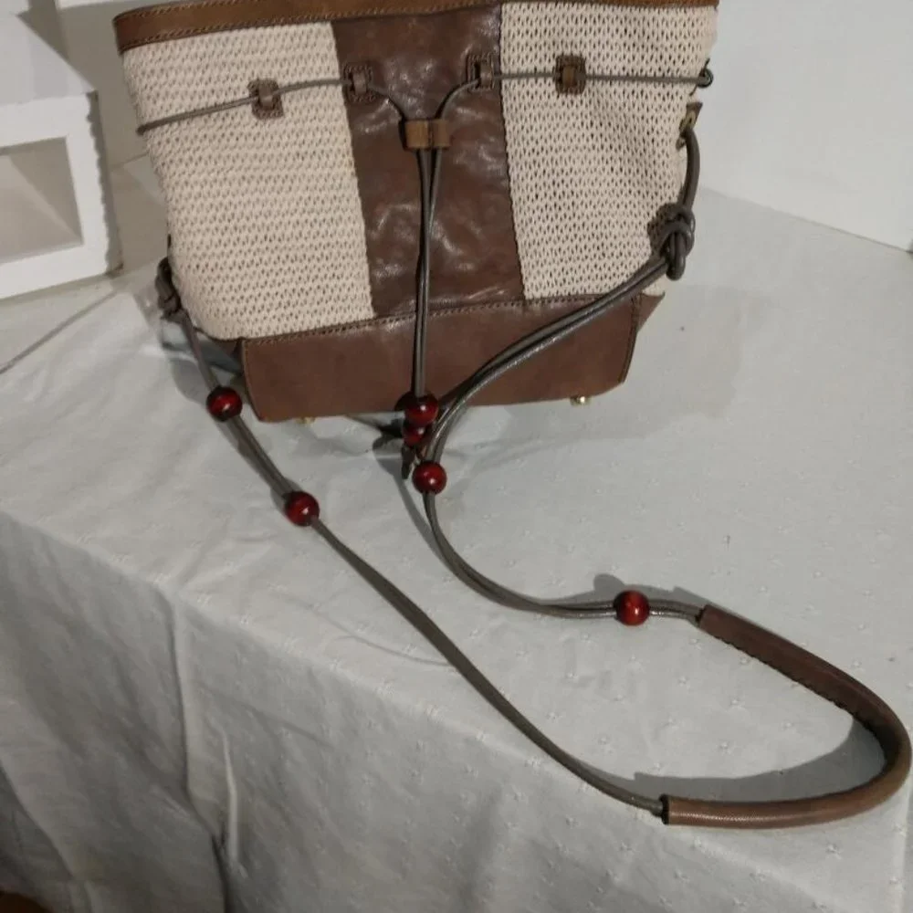 Weaved brown/off white boho bucket Nanette Lepore handbag